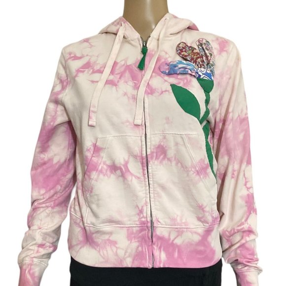 Lucky Brand Hoodie Small 3D Patchwork Flower Pink Tie Dyed Full Zip Pouch Knit - Picture 2 of 6